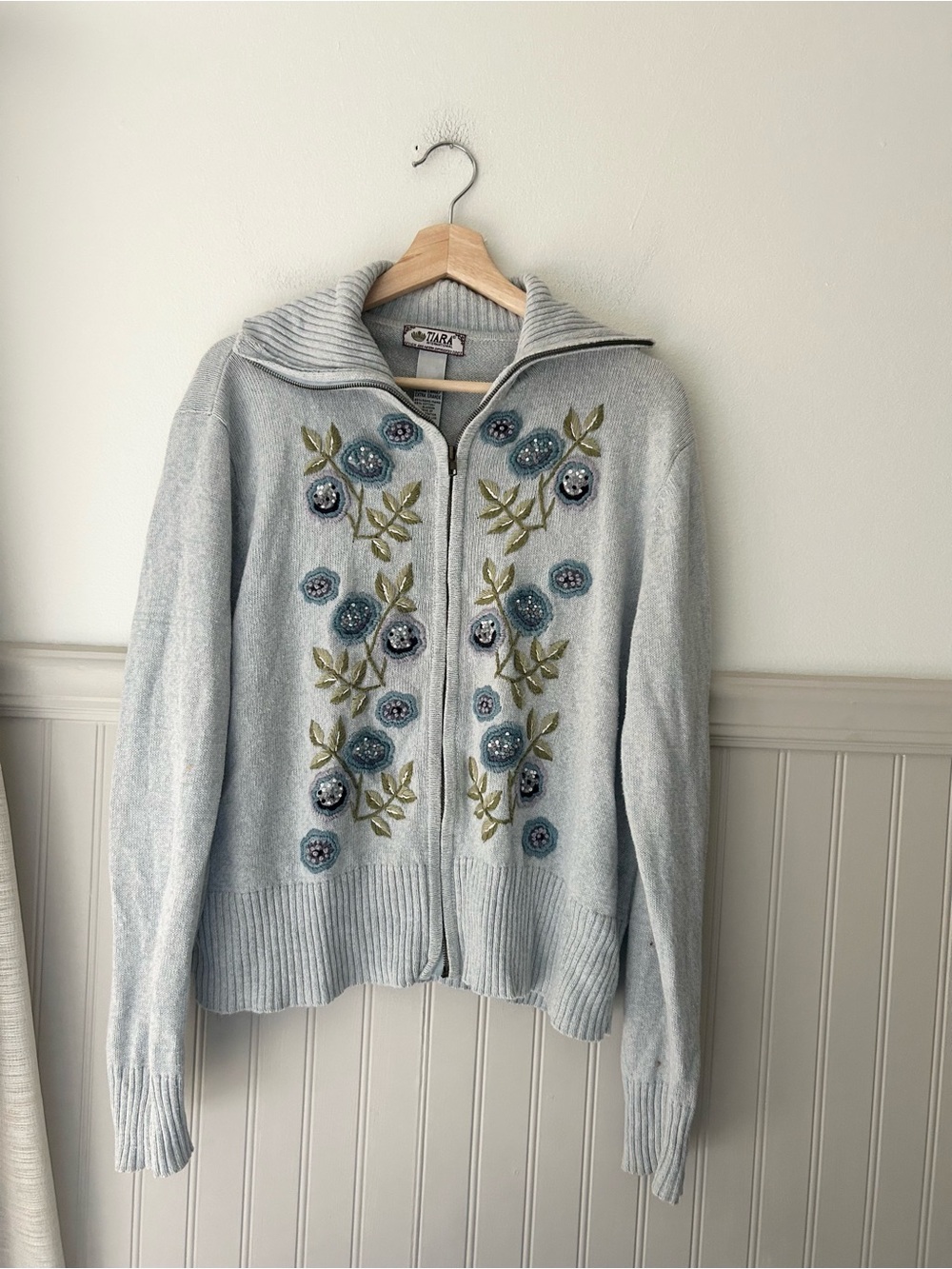 Vintage Tiara International Blue Beaded Floral Cardigan XL Zip Up Sweater